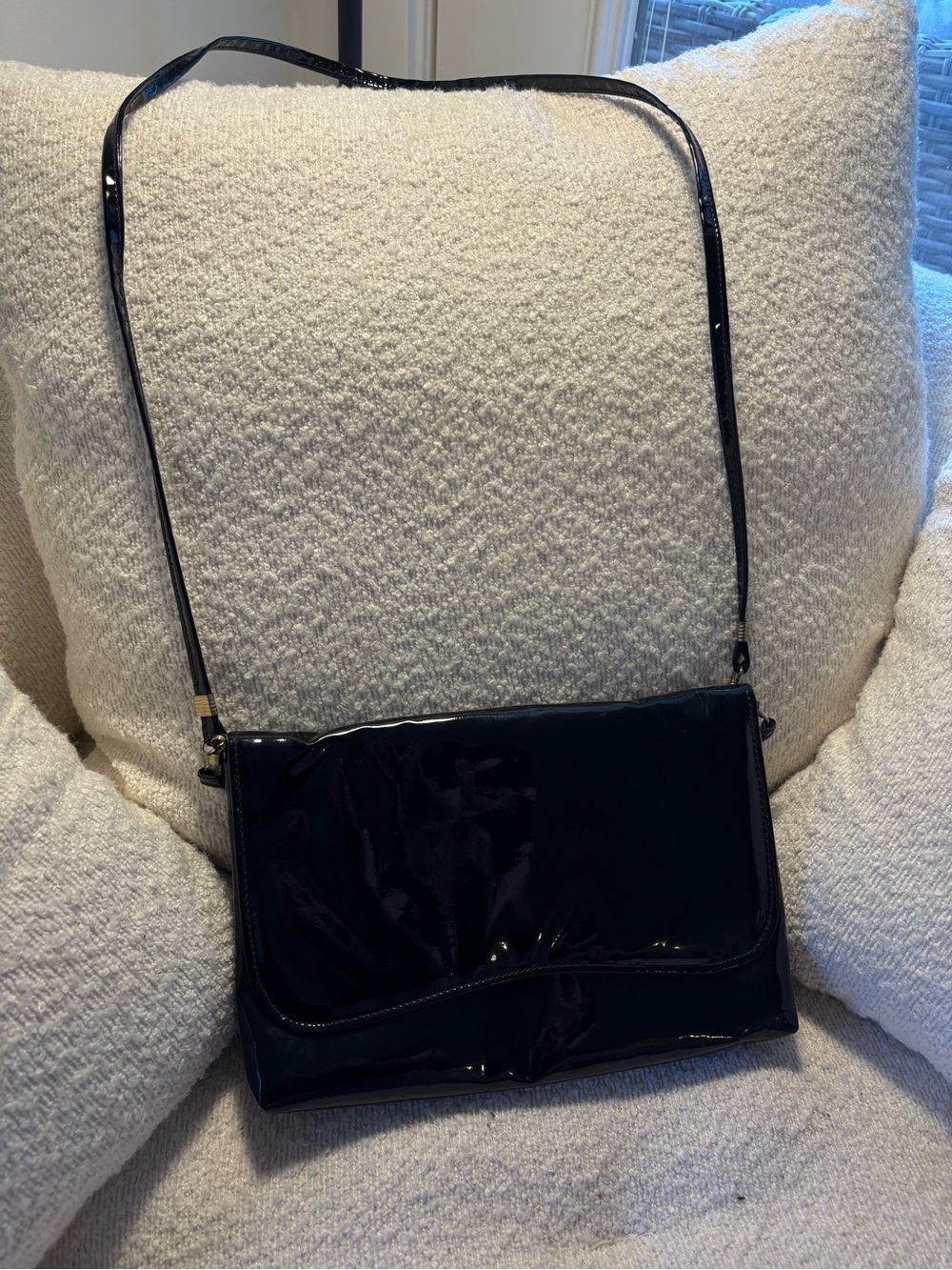 Vintage Classic Black Shiny Leather Shoulder Bag Crossbody Purse with Button Y2K